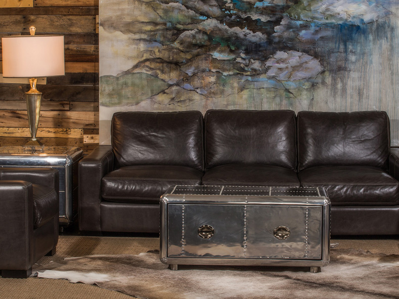 Brown Leather Sofa with Accent Table  RF Modern